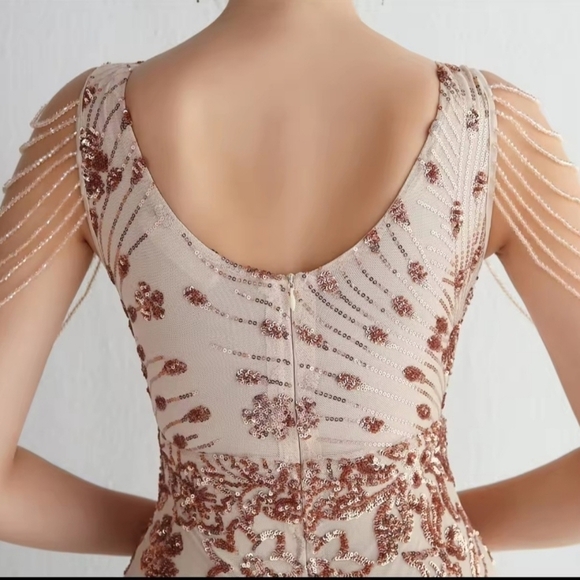 Gold, Floral Print,  V Neck,  Beaded Draped Sleeves,  Contrast Sequined Gown - Picture 6 of 16